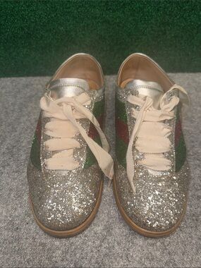 Authentic Gucci Silver Glitter Sneaker with Green and Red Stripes